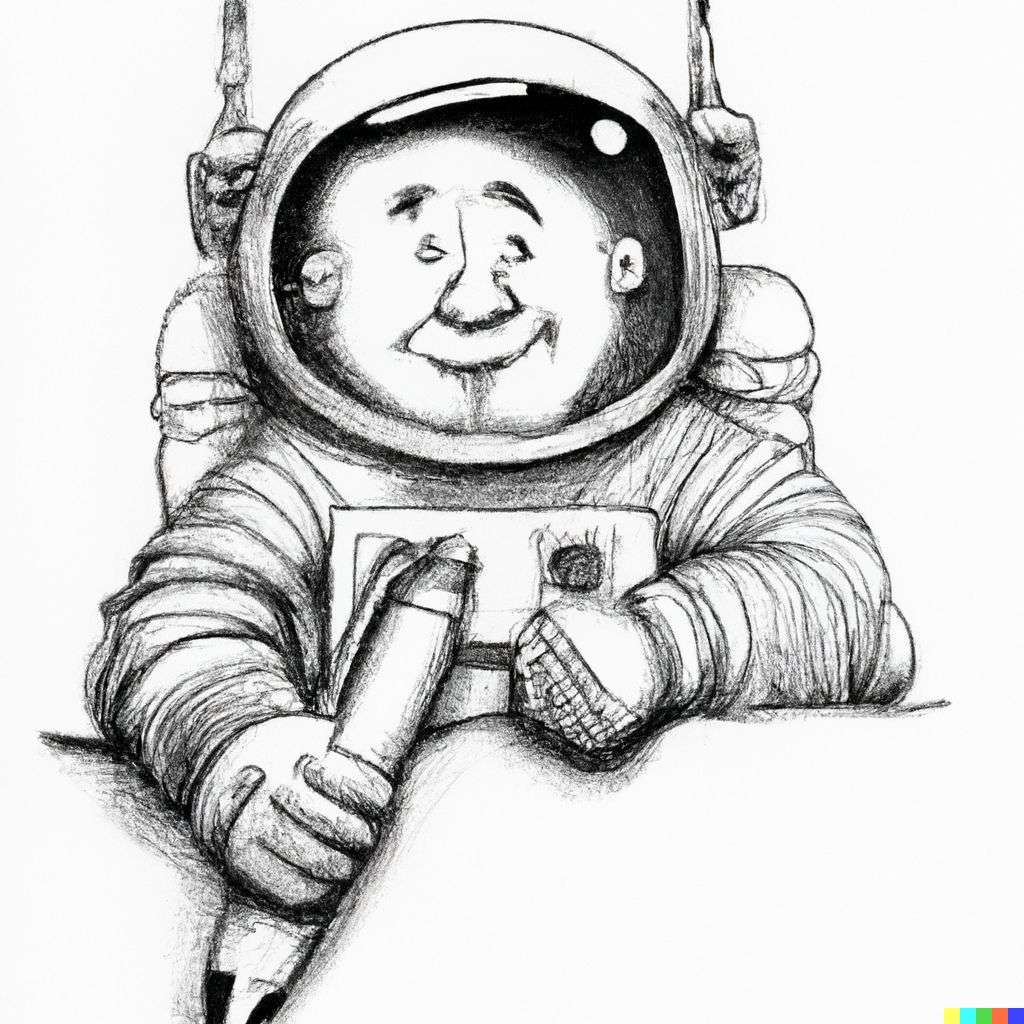 an astronaut, pen and ink caricature